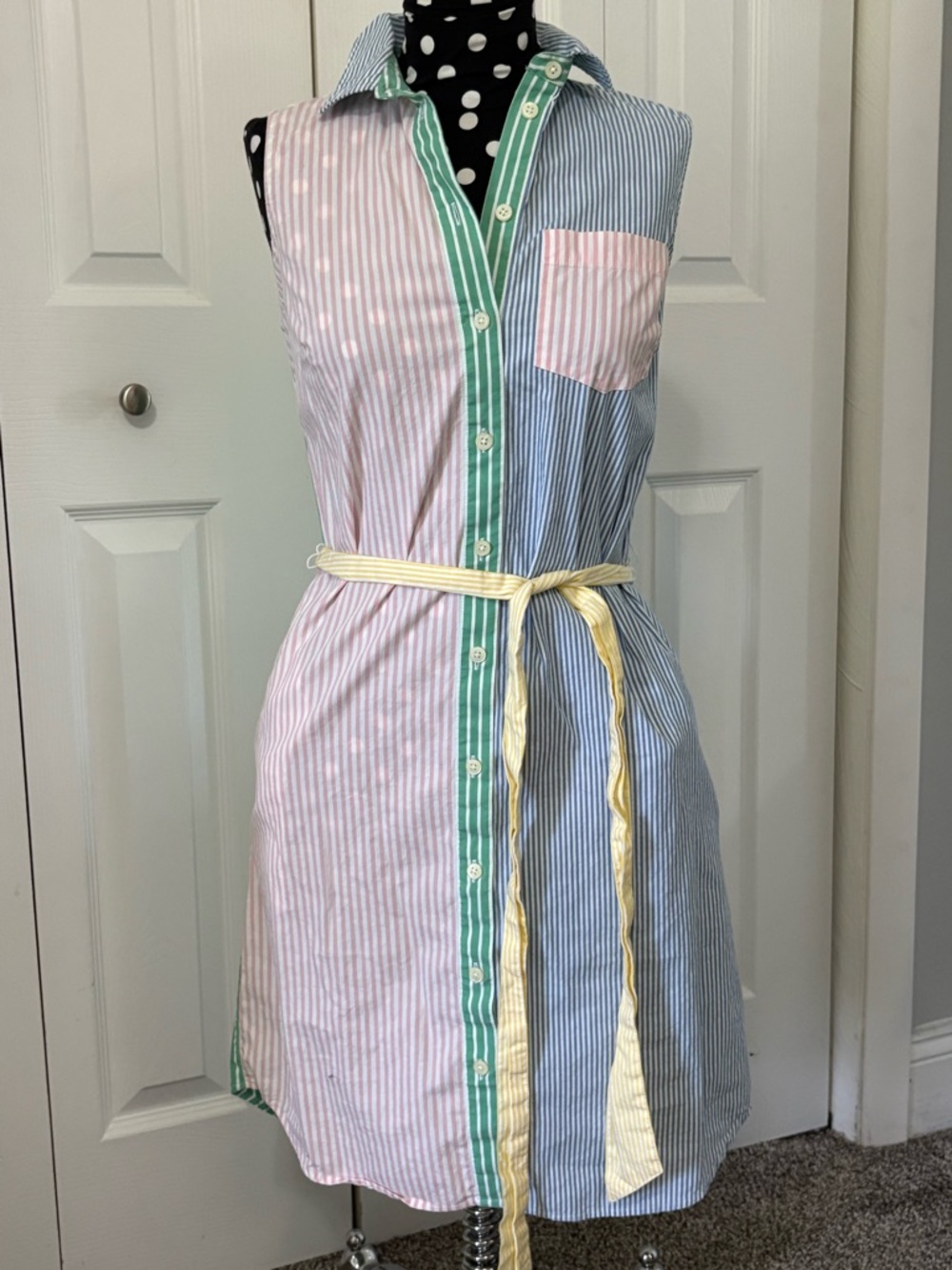 Sleeveless Striped Shirt Dress with Belt - Pastel Multi